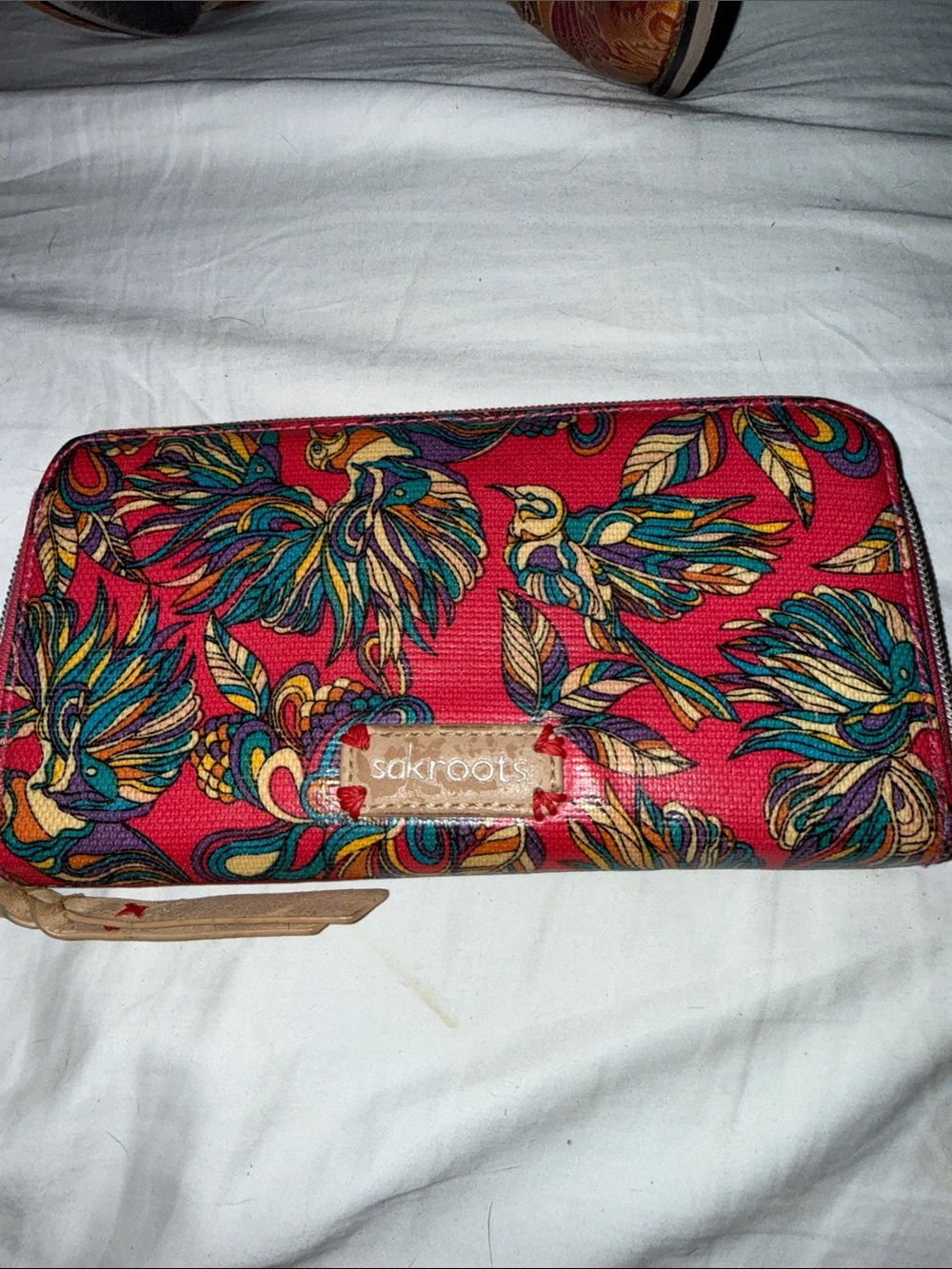 Sakroots Vibrant Red Floral Bird Zip Wallet